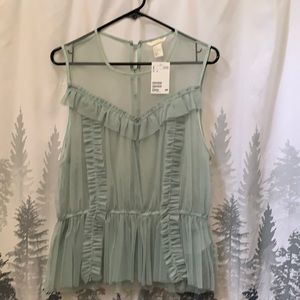 H & M sheer Ruffle Mint Green Top Size 14